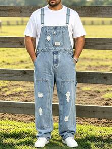 Men's Plus Size Denim Overalls With Letter Patch And Ripped Details, Simple Fashion Casual Everyday - Light Wash - View 8