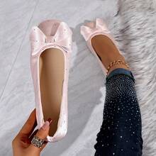 Women's French Style Bow Polka Dot Flat Ballet Shoes, Square Toe Low-Cut Soft Sole Satin Commuter Shoes, Plus Size 36-43 - Pink - View 5