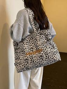 1pc Women Leopard Print Tote Bag Embroidered Letter Decor Multi‑Pocket Wide Strap Large Capacity Casual Shoulder Handbag - Multicolor - View 4