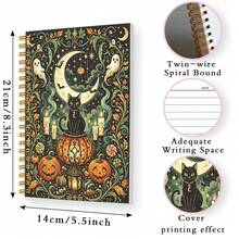 1pc 14*21cm Spiral Notebook, Vintage Witchy Halloween Design For School, Home, Office, Note Taking, Journaling, Daily Planner, Black Cat Crescent Moon Ghost Pumpkin Bat Candle Pattern - Multicolor - View 2