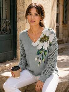 Elegant Floral Print V-Neck Long Sleeve Sweater, Versatile For Spring, Summer, Autumn, Winter, Bohemian Style, Travel Vacation Fall - Light Blue - View 7