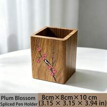 Tempat Pena Persegi dari Kayu Jati, Ember Pena Meja dengan Motif Bunga Klasik, Kotak Penyimpanan Meja Multifungsi, Cocok untuk Rumah, Kantor, Penyimpanan Alat Tulis dan Dekorasi - A - View 9