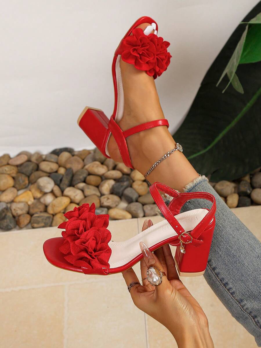 2026 New 3D Large Flower One-Strap Chunky Heel Sandals For Women, White Square Toe Open Toe Buckle High Heels, Wedding Bridesmaid Gentle Style Party Shoes - Red - View 1