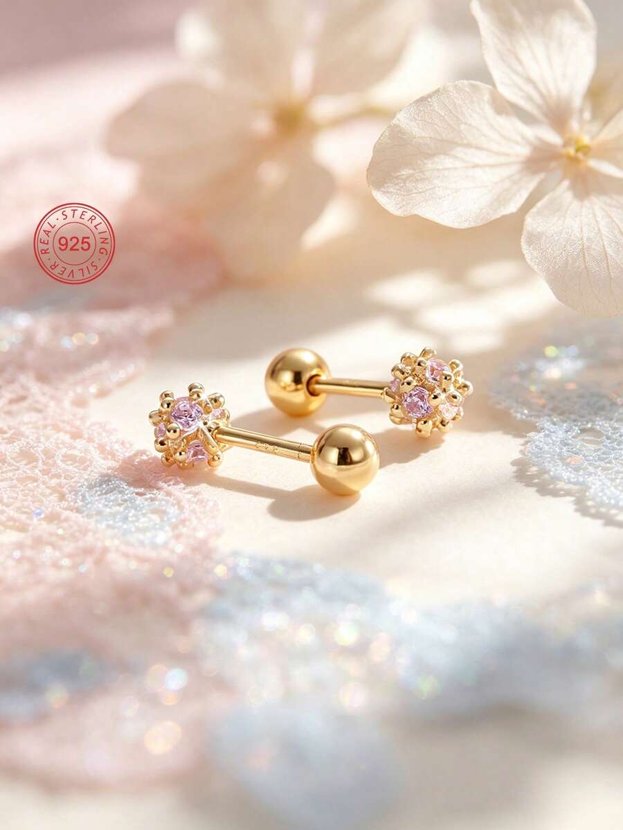 1 Pair 925 Sterling Silver Hypoallergenic Flower Ball Stud Earrings, Cute And Playful, Inlaid With Pink Zirconia, Spiral Ear Post For Secure Fit, Exquisite And Adorable, Gift Box Included, Suitable For Daily Or Holiday Wear, Gift For Girls, Gift For Girl, Gift For Friends, Gift For Back To School, Holiday Gift - one-size - View 1