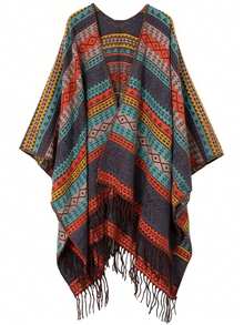 1pc Women's Jacquard Tassel Cape Shawl, Vintage Exotic Style Outerwear For Travel, Vacation And Photo Atmosphere - Multi-color Patchwork - View 4