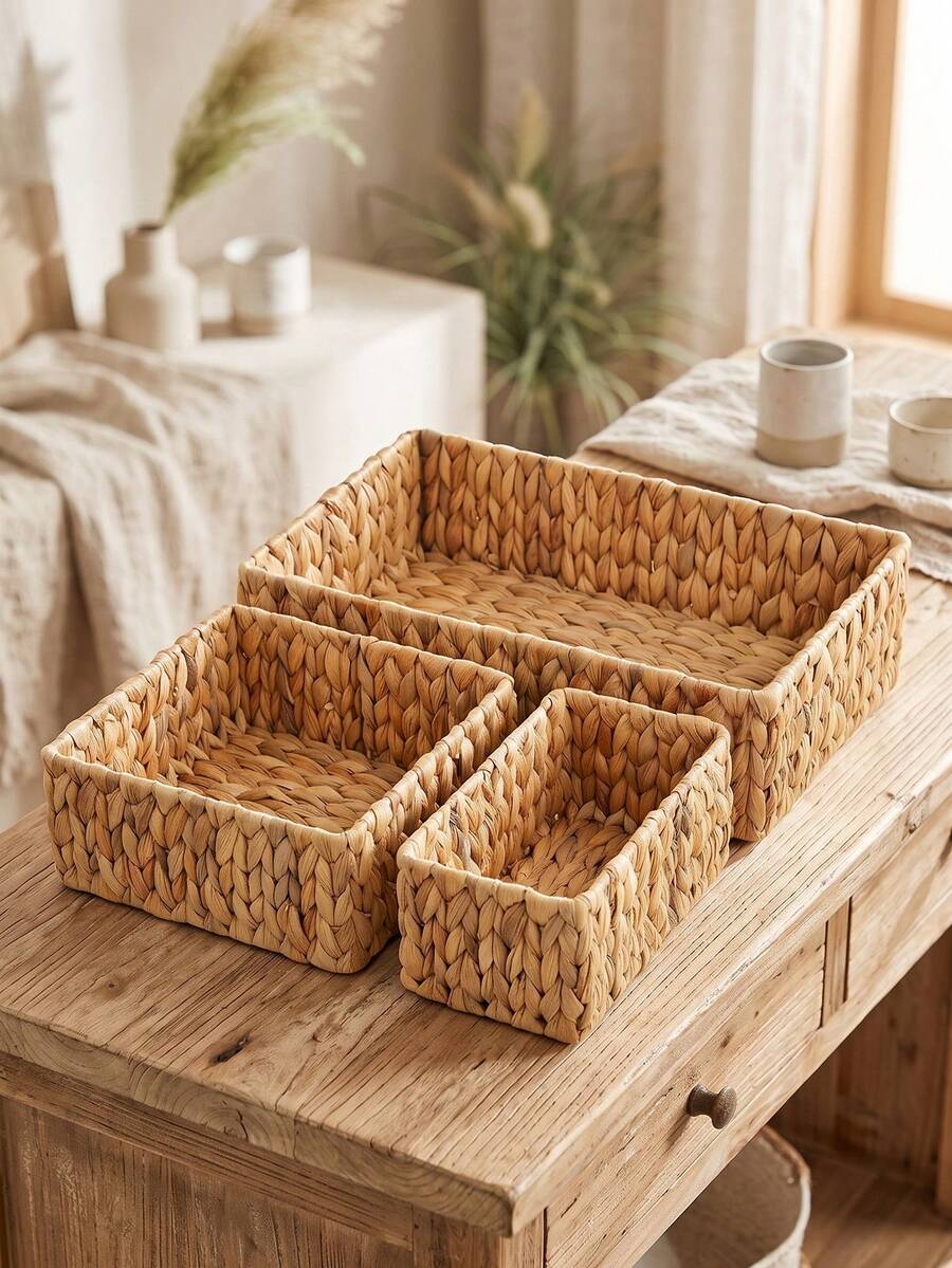 1Pc/3Pcs(S+M+L) Wicker Storage Basket Set, Natural Water Hyacinth Handwoven Baskets, Large Medium Small Stackable Storage Bins For Pantry Shelf Kitchen Bathroom Bedroom Organizer, Decorative Woven Basket Halloween Christmas Gift Home Decor