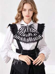 1pc Women Gothic Collar Black White Striped Large Bow Multi‑Layer Ruffled Lace Trim Detachable For Party Cosplay Costume Dress Decoration Accessory - A - View 2