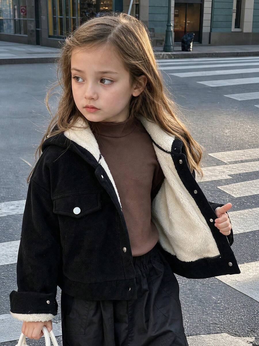 Black Corduroy Hooded Cropped Jacket For Girl, Silver Button Double Pocket Utility Style Short Jacket Top For Petite - Black - View 1