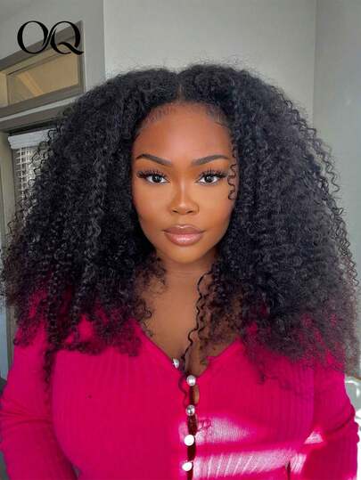 OQ African Style Curly Human Hair 200% Density Glueless Wear-And-Go 7x5 Transparent Lace 18-30 Inches Natural Black Pre-Cut Pre-Plucked Blended Hairline Silky Human Hair For Women Suitable For Parties Brunch Meetings Weekend Vacations