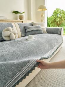1pc Chenille Sofa Cushion, With Pom Pom Lace Trim Design, All-Season Anti-Slip Seat Pad, Machine Washable, Pet-Friendly Stain-Resistant, Sofa Protector Cover - Light Grey - View 2