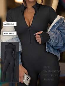 Zipper‑Front Long‑Sleeve Round‑Neck Jumpsuit, Seamless Ski Base Layer, Fall‑Winter, Tummy‑Control Butt‑Lifting Layerable - Black - View 2