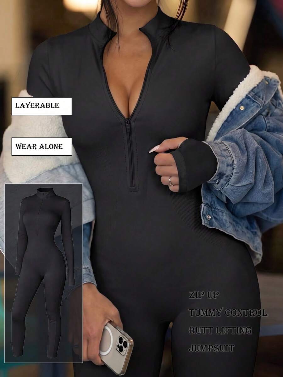Zipper‑Front Long‑Sleeve Round‑Neck Jumpsuit, Seamless Ski Base Layer, Fall‑Winter, Tummy‑Control Butt‑Lifting Layerable