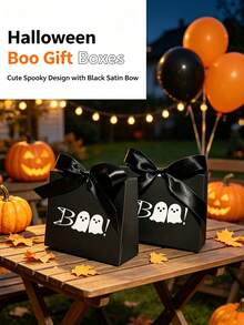 10/5/3/1pc Halloween Boo Ghost Pattern Gift Boxes, Black Satin Ribbon Bow Gift Boxes, Halloween Party Candy Cookie Small Gift Return Favor Packaging Bags, Black Background BOO Ghost Bow Gift Boxes Suitable For Halloween, Gift Boxes, Packaging Boxes, Baking Boxes - Multiple Styles - View 2