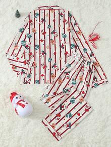Christmas Print Women's Long Sleeve Long Pants Bubble Crinkle Pajama Set - Red - View 7