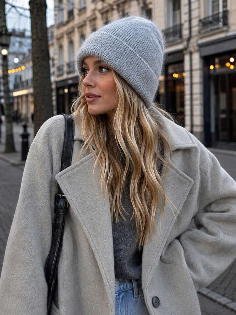 1pc Unisex Soft Fuzzy Knit Beanie Hat, Warm Ribbed Cuffed Winter Cap For Men Women, Casual Daily Outdoor Cold Weather Headwear - A - View 1