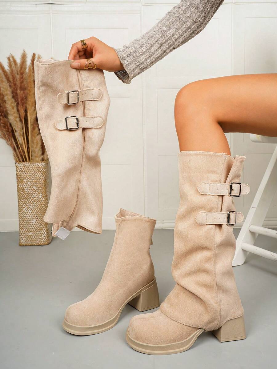 Spring/Autumn Fashion Double-Row Side-Button Square Heel Round Toe Tall Boots For Women, Versatile Minimalist Slimming Style, Foldable Boot Shaft For Stacked Leg Effect, Soft Shaft With Natural Pleating, 2-In-1 Straight/Folded Style, Wide Leg Opening For High Calf Tolerance And Leg Shaping, Punk Motorcycle Western Vintage Elements, Y2K Baddie Wasteland Biker Style, Pairs With Mini Skirts And Jeans, Popular Autumn/Winter Outfit