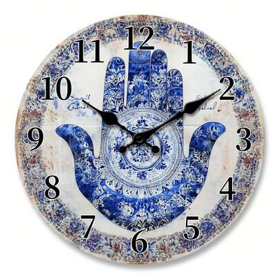 En Wall Clock, A Silent Clock With A Vintage Blue And White Pattern Design, Suitable For Decorating The Living Room, Bedroom, Kitchen, And Office. It Is A Modern Home Art Decoration, Wall Decor, And An Ideal Gift For Christmas, New Year, Or Birthdays