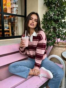 Women's Colorblock Casual Versatile Daily Wear Long Sleeve Sweater - Camellia Pink & Purple-red - View 4
