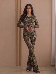 Spring Camouflage Pattern Casual Zip-Up Hoodie And High Waist Flared Pants 2 Pieces Outfit, Streetwear Sports Suit - أخضر - مشاهدة 2