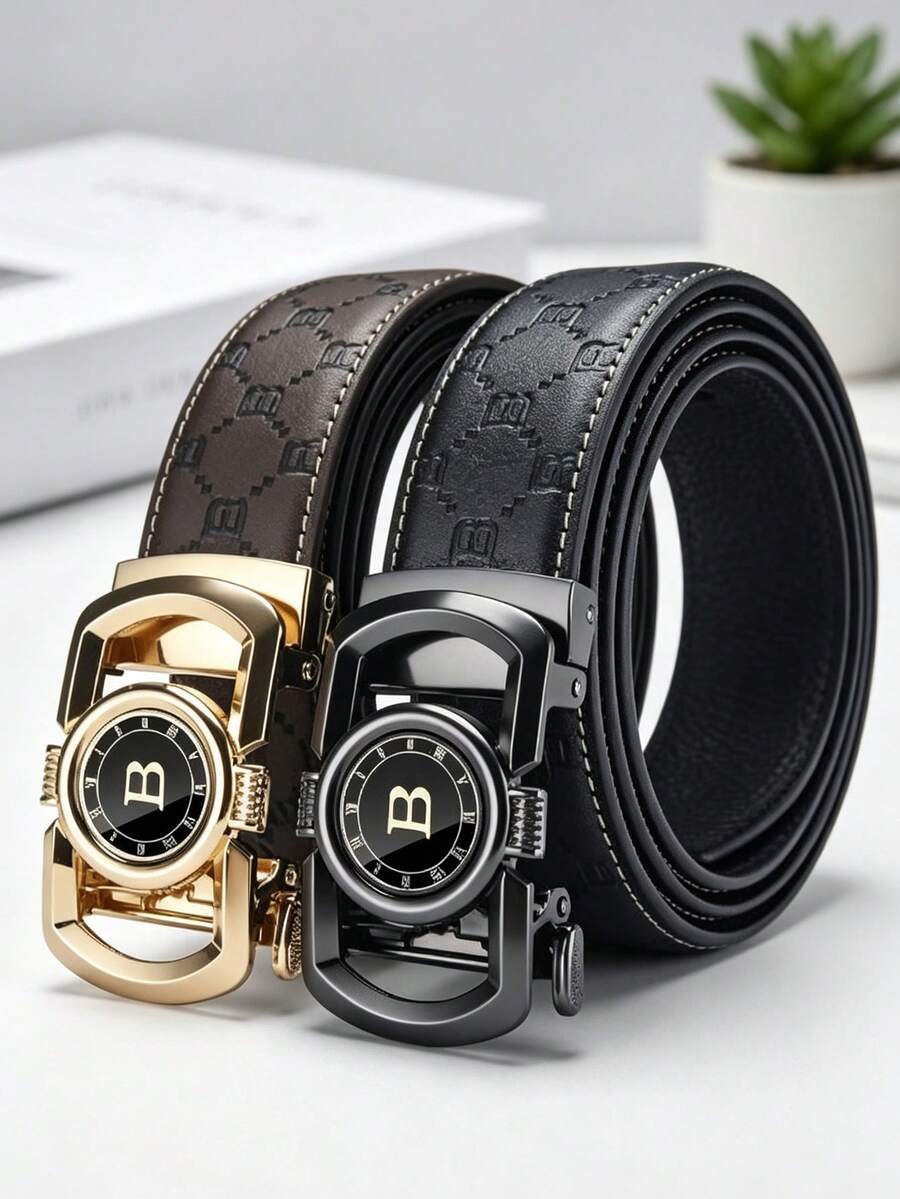 Men's Zinc Alloy Letter Automatic Buckle Belt, Men's Elegant Business Belt, Minimalist Multifunctional Belt For Daily And Formal Clothing. - Multicolor - View 1