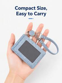 Business Casual Blue Denim Texture Transparent Window ID Badge Holder With Wrist Strap, Portable PU Leather Card Holder, Women's Style - Multicolor - View 7