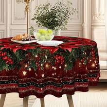 Christmas Poinsettia Round Tablecloth, Red Floral Holiday Polyester Table Cover With Holly Berry Wreath Print For Xmas Dinner, Family Gathering, Winter Party And Festive Home Decor - A - View 5