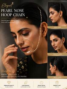 STONEFANS 1pc Gold Pearl Nose Ring Chain For Women, Large Hoop Nath Nathni, Bridal Face Jewelry For Wedding Festival Party - Gold - View 5