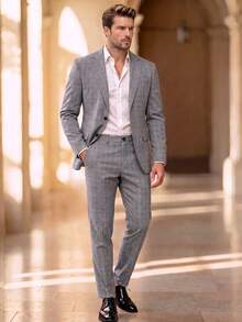 Men's 2-Piece Suit Set, Lightweight British Style Textured Blazer And Pants, Suitable For Casual, Business, Commute, Wedding, Party, Evening Event, Ball - Grey - View 5