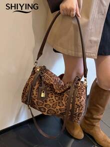 1pc Solid Color Suede New Women's Backpack, Shoulder Bag, Crossbody Bag, Leopard Print Design, Fashionable Large Capacity Tote Bag, Suitable For Commuting, Shopping, Dating - Multicolor - View 10