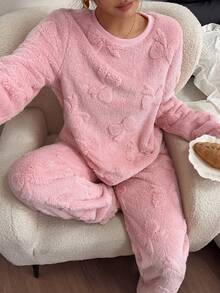 Dreamivo Girl Style Solid Color Plush Loungewear 2-Piece Set, All-Over 3D Bow Embossed Design Round Neck Long Sleeve Pajama Set, Elastic Waist Long Pants Non-Tight, Thickened Coral Fleece Fabric Suitable For Home And Outdoor Wear - Pink - View 6