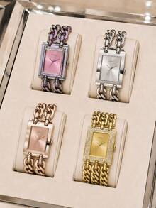 Guess Women's Chunky Chain Bracelet Watch, Rectangular Dial, Rhinestone Bezel, Radial Textured Dial, Quartz Analog Watch, Fashion Evening Party Style - one-size - View 6