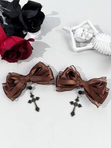 2pcs/Set Women's Lace Ribbon Dark Color Gothic Style Cross Hair Clips, Suitable For Holiday Dress-Up And Gothic Enthusiasts Daily Wear - Multicolor - View 2