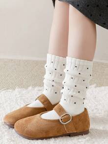 4 Pairs Polka Dot Girls Socks, Loose Fit, Medium Thick, Black, White, Grey, Spring Autumn Winter Children Calf Socks, Fashion - Multicolor - View 3