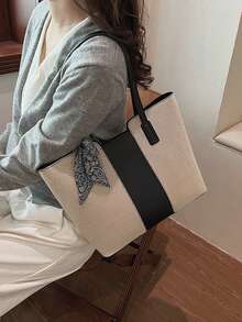 大容量女款時尚尼龍帆布托特包，媽媽通勤單肩手提包 - 黑色 - 查看 3