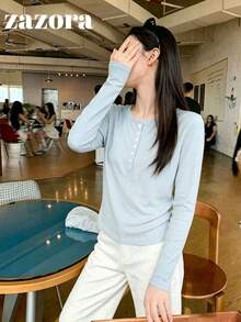Korean Style Sweet & Spicy Niche Henley Collar Long Sleeve T-Shirt, Slim Fit Flattering Base Layer, Button Front Shoulder Top, Early Autumn - Blue - View 6