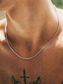 1pc 18K Gold Plated Stainless Steel Square Chain Necklace For Men, Sporty Minimalist Daily Accessory, Gift For Friends - Silver - View 3