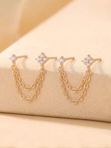 2pcs Cubic Zirconia Decor Chain Pendant Stud Earrings, Hypoallergenic Jewelry Gift For Women - Gold - View 3