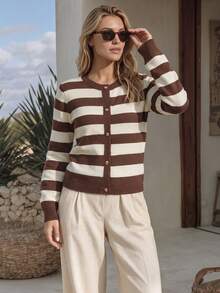 NiceArt Cardigan Wanita Motif Garis Cokelat-Krem Musim Gugur/Dingin, Jaket Sweater Lengan Panjang dengan Kerah Bulat dan Kancing Depan, Cocok untuk Pakaian Sehari-hari dan Kencan - Coklat - View 1