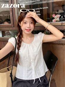 韓式新款甜美修身領結設計百搭顯瘦花瓣袖輕盈聚酯纖維短袖女款夏季白色襯衫上衣 - 白色 - 查看 3