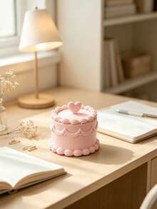 1pc Small Cake Shaped Jewelry Box, Pink Heart Lid, Compact Storage Box With Lid For Rings, Necklaces, Earrings, Vanity Table Desktop Decor Organizer - Pink - View 4