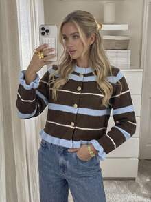 Women's Autumn/Winter Casual Elegant Ruffle Trim Colorful Striped Contrast Collar Cardigan Top, Outing Top, Back To School Outfit Fall - Multicolor - View 4