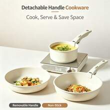 Juego de 5 piezas de utensilios de cocina antiadherentes con mango desmontable, olla y sartén multifunción con mango desmontable, cocción y servicio directo, diseño apilable que ahorra espacio, adecuado para la cocina del hogar - Ver 5