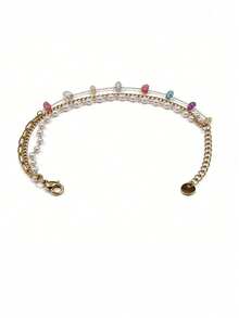 rundraw Multi-Layer Copper Bracelet, Decorated With Artificial Pearls And Colorful Gemstones, A Fashionable And Versatile Multi-Functional Accessory. - Multicolor - View 4
