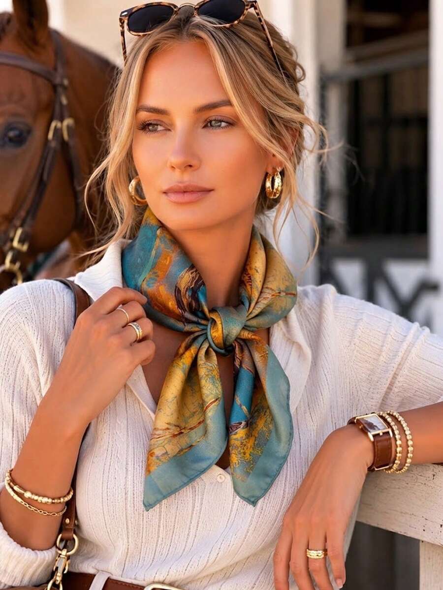 Satin Neck Scarf, Teal Yellow Vintage Oil Painting Print, Square Bandana, Retro Elegant Style, All Season Daily Riding Party Accessory, 70*70cm - Multicolor - View 1