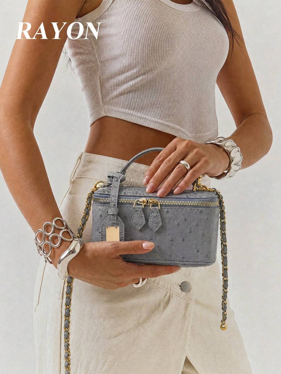 1pc Light Gray Tie-Dye Polka Dot Handheld Box Bag Zipper Small Square Bag Chain Crossbody Shoulder Bag Suitable For Shopping, Dating, Afternoon Tea - Grey - View 1