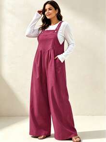 IGKEEL Plus Size Women's Pleated Wide Leg Casual Solid Color Jumpsuit With Pockets, Spring/Summer - Red Violet - View 2