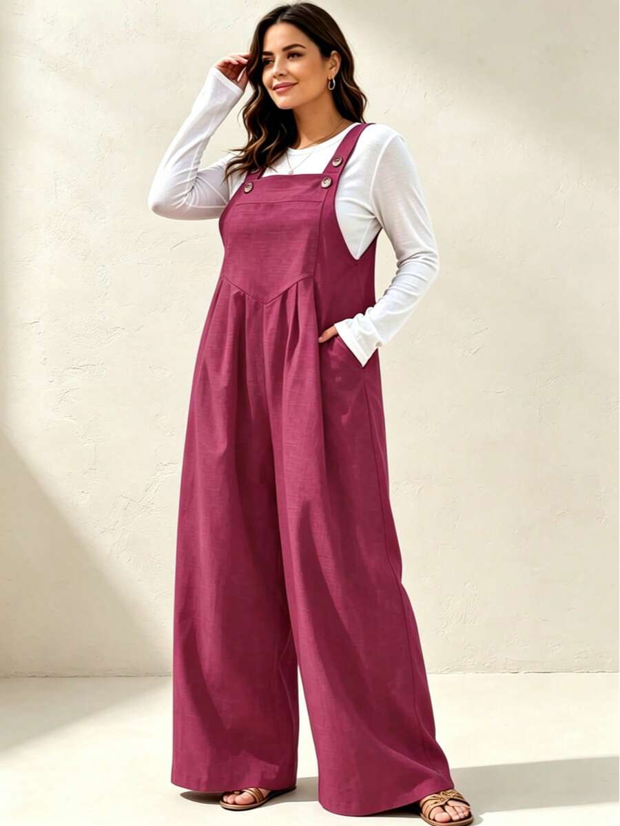IGKEEL Plus Size Women's Pleated Wide Leg Casual Solid Color Jumpsuit With Pockets, Spring/Summer