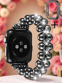 Pulsera de joyería con cuentas - Pulsera de perlas y diamantes de doble hilera + circonita cúbica de doble hilera compatible con Apple Watch 38 mm 40 mm 41 mm 42 mm 44 mm 45 mm 46 mm 49 mm S10/11-42 mm - Correa elástica para mujer - Diseño sencillo, elegante, moderno y brillante de perlas y diamantes - Cuerda cómoda, ligera y duradera - Se adapta a muñecas de 14 a 16 cm de circunferencia - Accesorio de correa de repuesto - 45mm - Ver 9