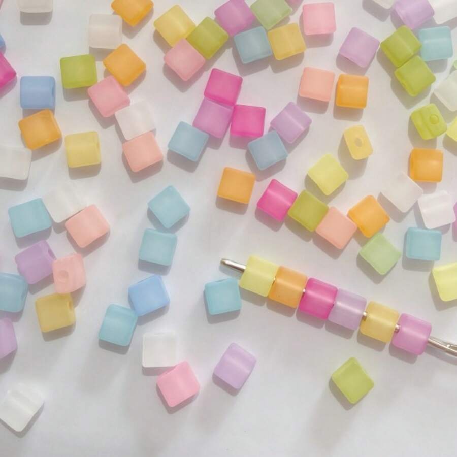 140pcs Multicolor Matte Square Acrylic Through‑Hole Loose Beads For DIY Bracelets, Phone Charms, Keychains Handmade Craft Supplies - Multicolor - View 1