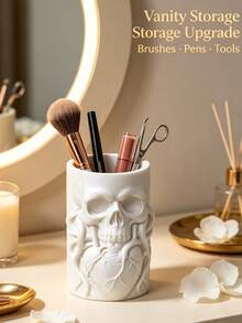 Skull Heart Embossed Makeup Brush Bucket Multifunctional Desktop Cosmetic Box Halloween Christmas Decor Vanity Rack Pen Holder Dual Use Dark Resin Beauty Organizer Gift - Multicolor - View 1